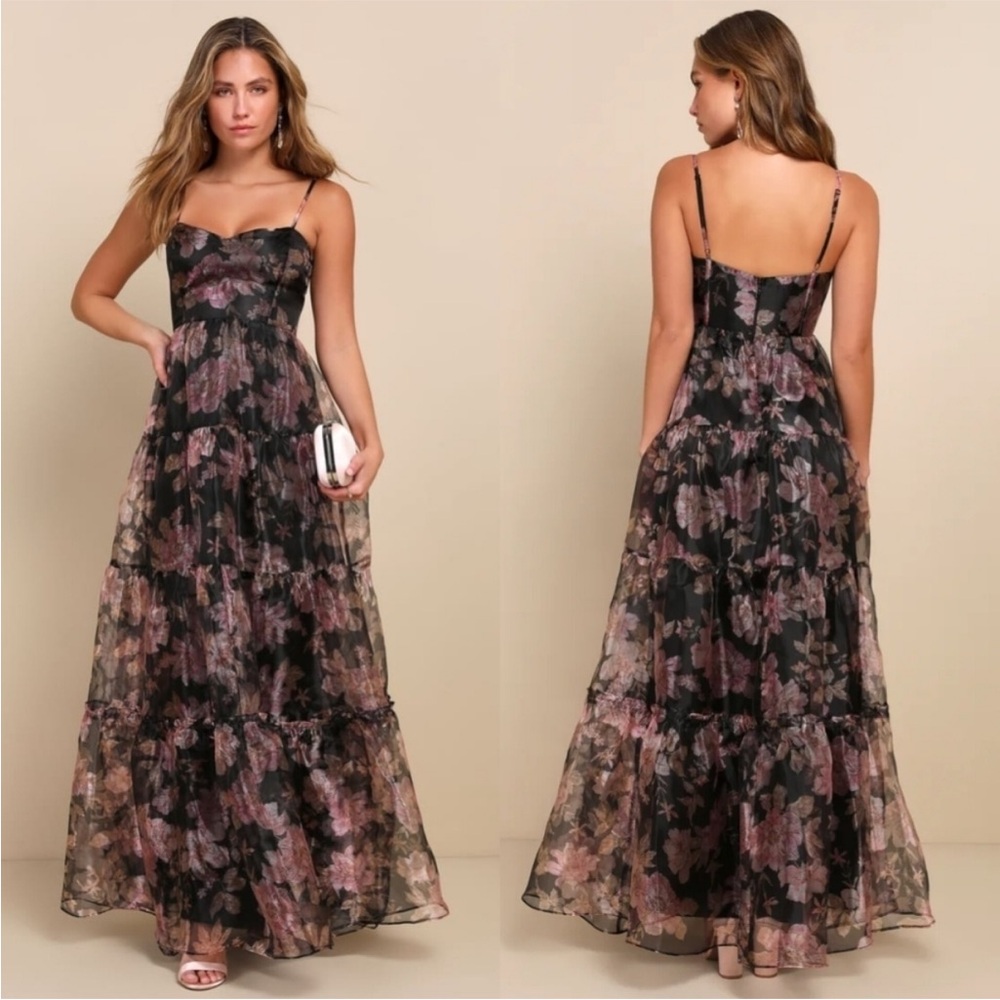 NWT Lulus Exclusive Glamour Black Pink Floral Print Organza Tiered Maxi Dress S